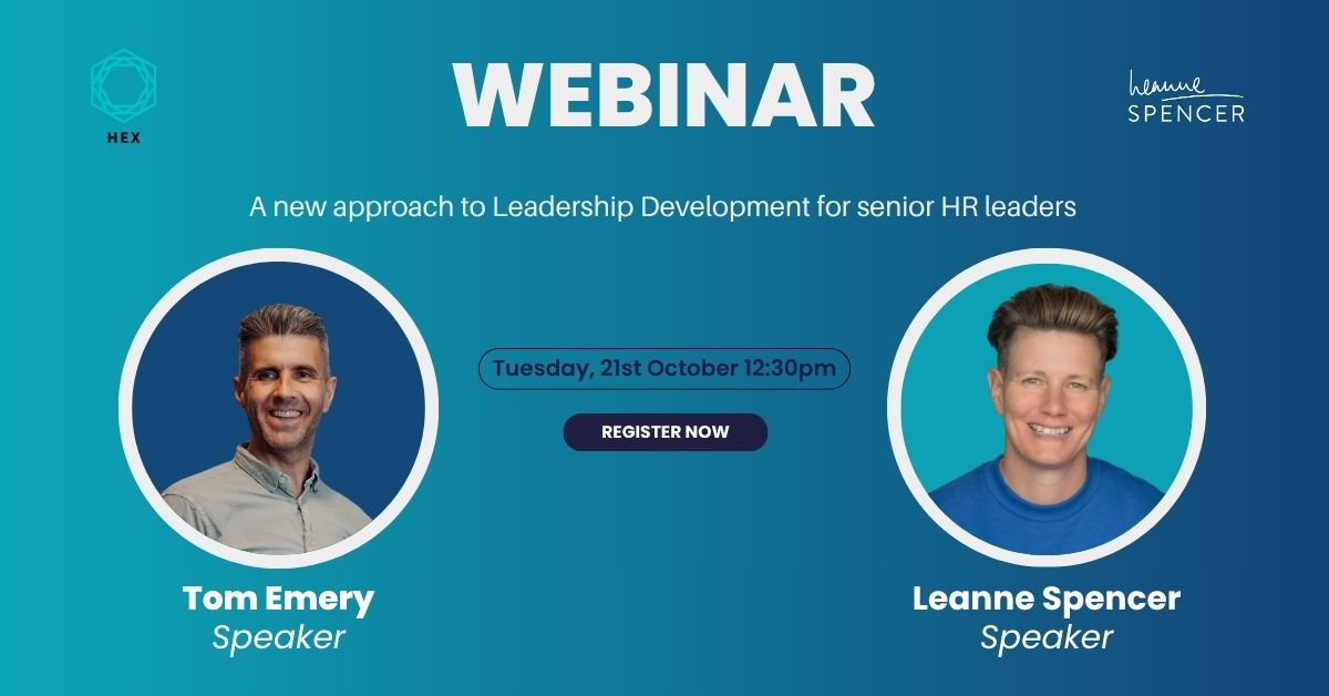 development for snr hr leaders webinar banner with profile pictures of hosts Leanne Spencer and Tom Emery