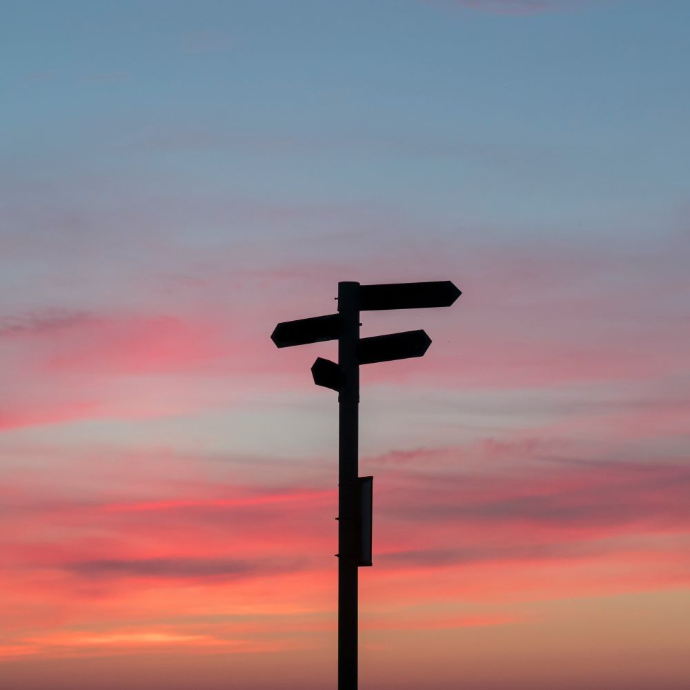 A sunset sky coloured in blue, red and pink hues. In the foreground is a signpost pointing in various directions used to represent a time of change and choosing the direction which allows you to lean into change not away from it.
